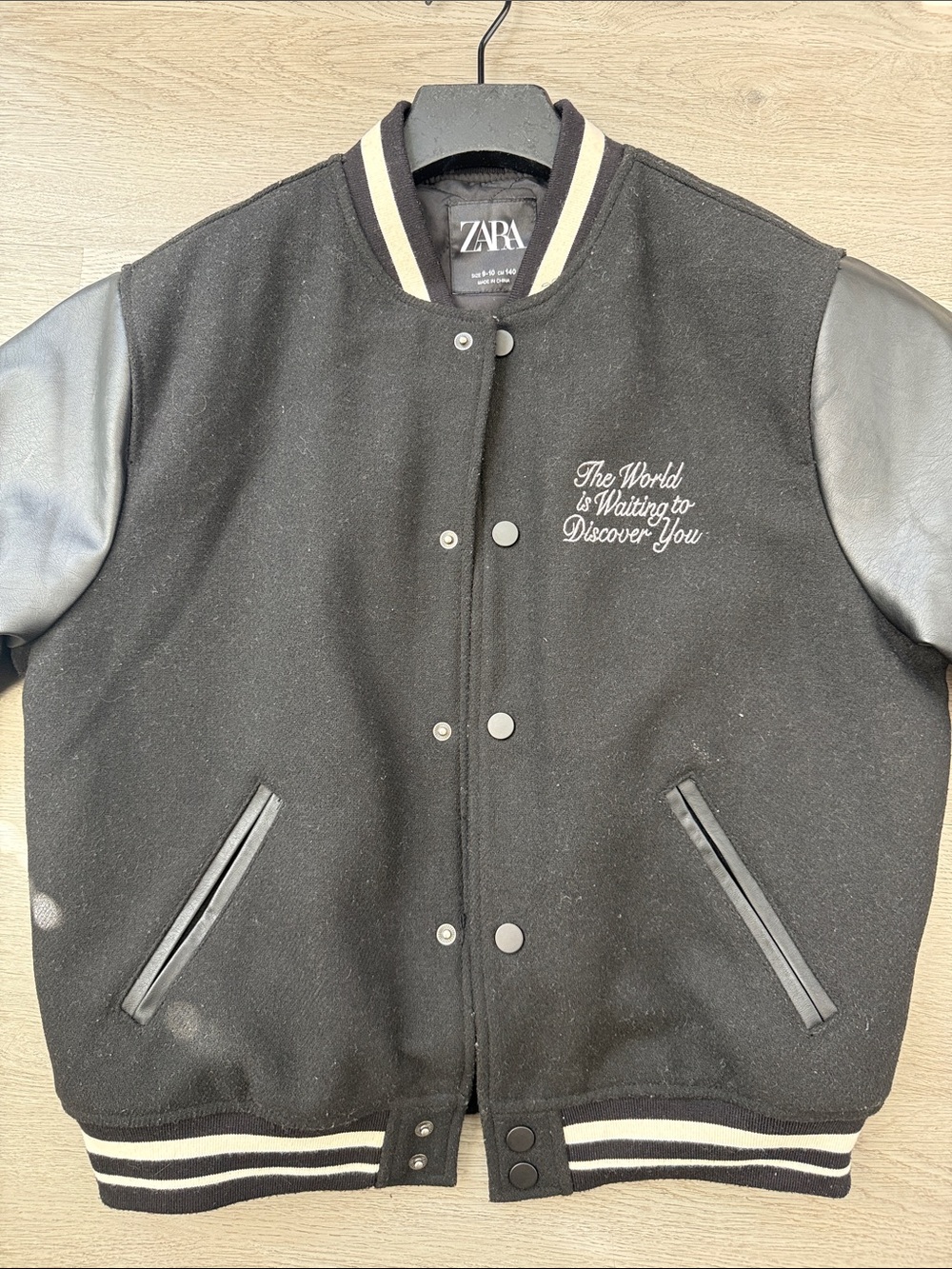 ZARA BOYS Black Bomber Jacket with Cream Stripe Trim SIZE 9-10 see video